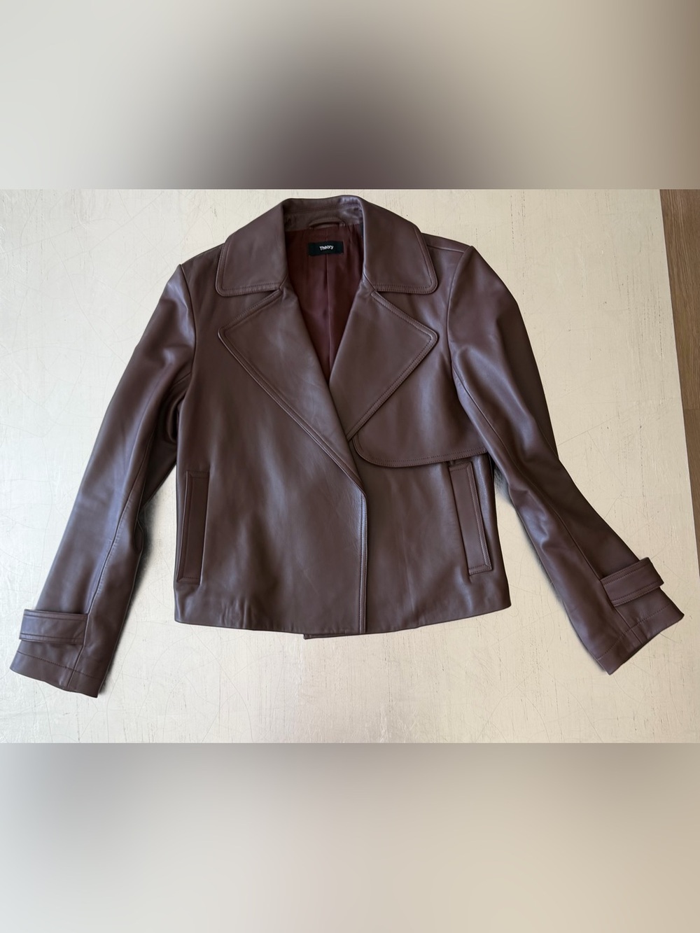 Theory Cropped Leather Coat in Dark Russet - Picture 4 of 8